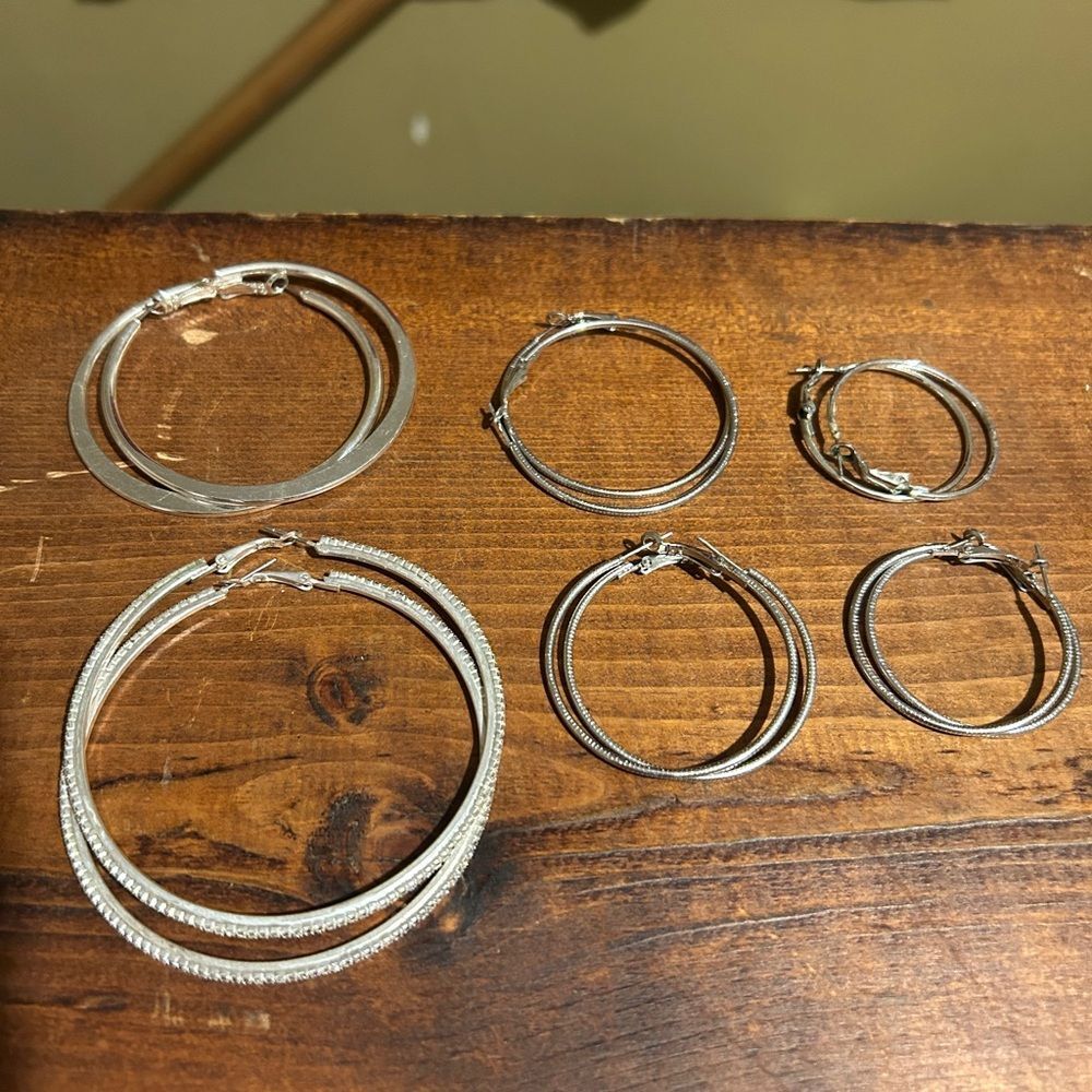 Silver Tone Hoop Earrings Set 6 Pairs Multipack Varied Sizes Whimsigoth Boho - Picture 1 of 3